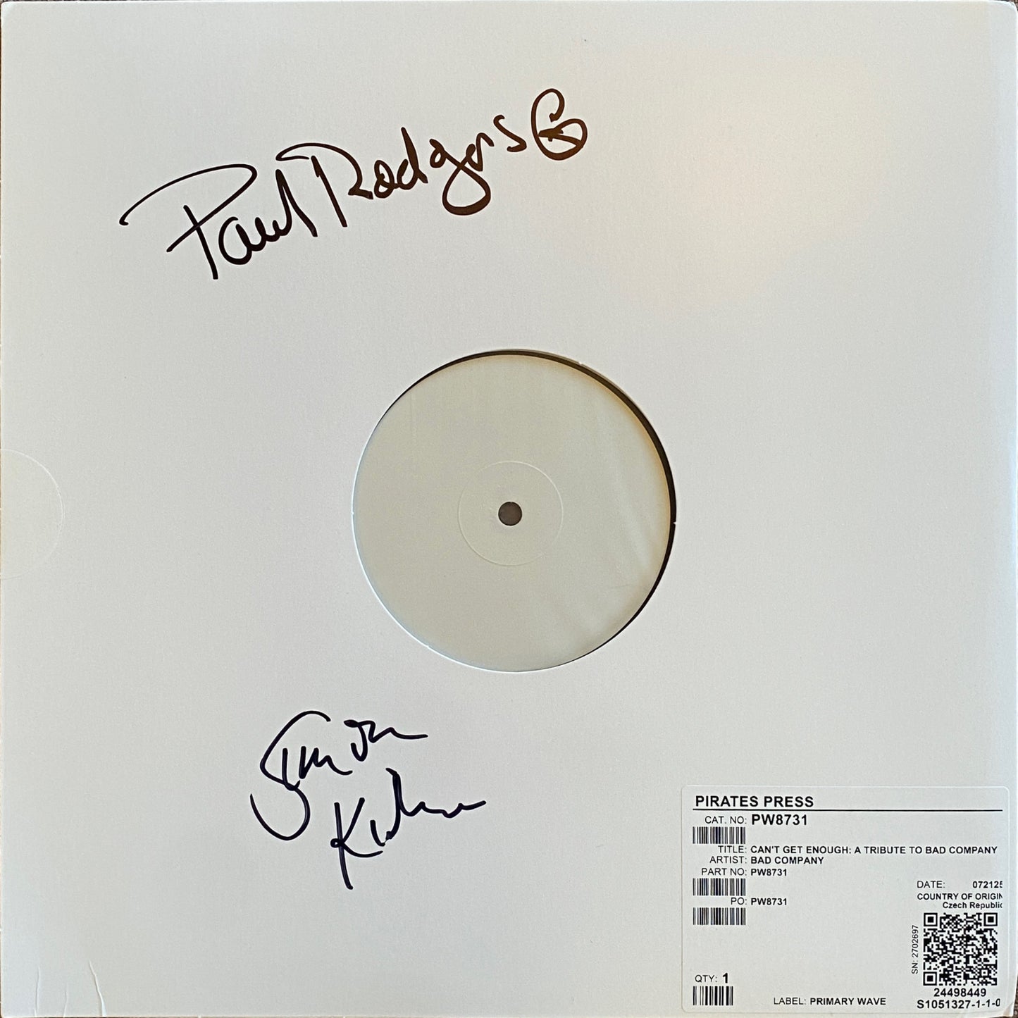 Can't Get Enough: A Tribute To Bad Company Signed Test Pressing