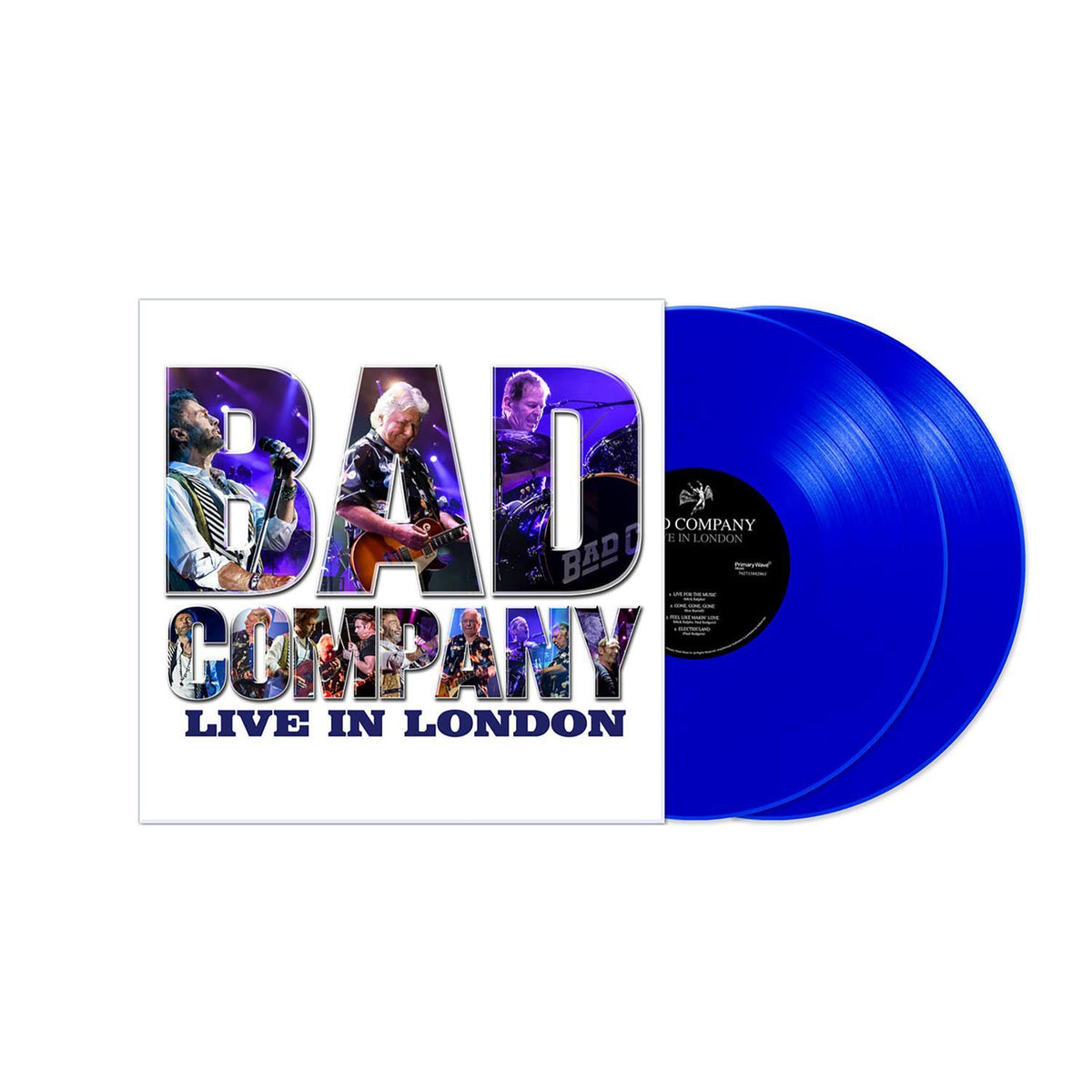 Vinyl record album cover for 'Bad Company Live in London' with a blue translucent record partially visible behind the cover art on a white background.